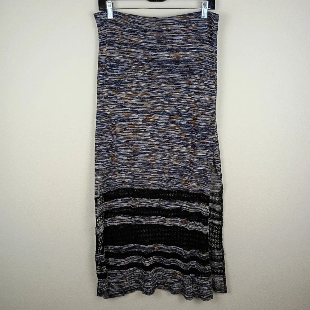 Mystree Space Dye Knit Maxi Skirt Blue Crochet Lace Side Slits Lined Large Boho